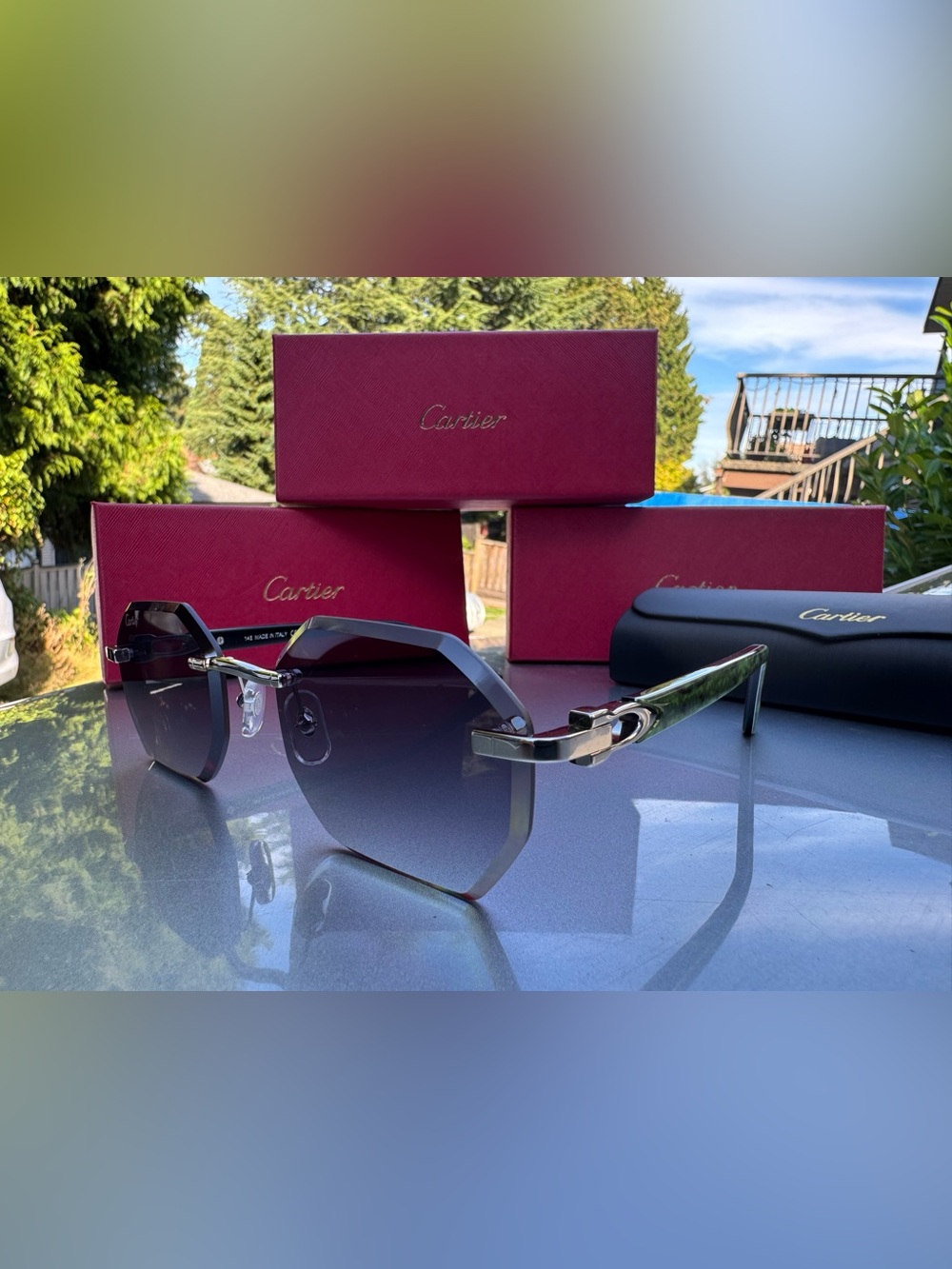 Cartier Men’s Rimless Gradient Gray Sunglasses with Metal Temples